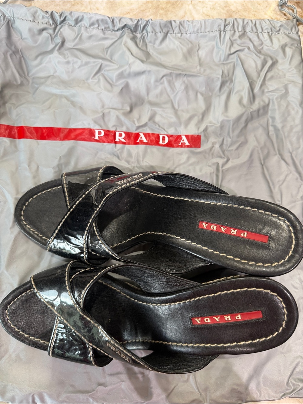 Prada Black Patent Leather Slide Sandals with Red Logo